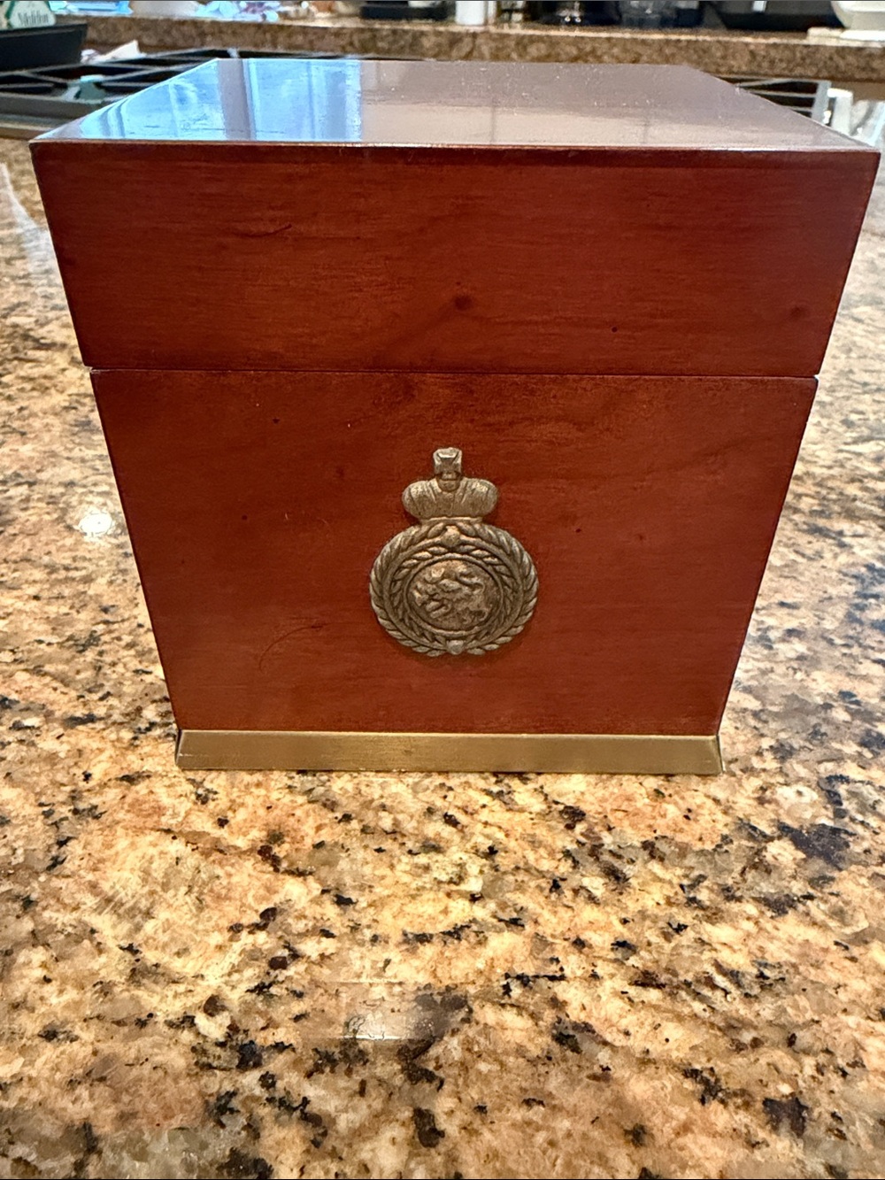 Wood Jewelry Trinket Box w (presumed) Brass Emblem Coat of Arms old money